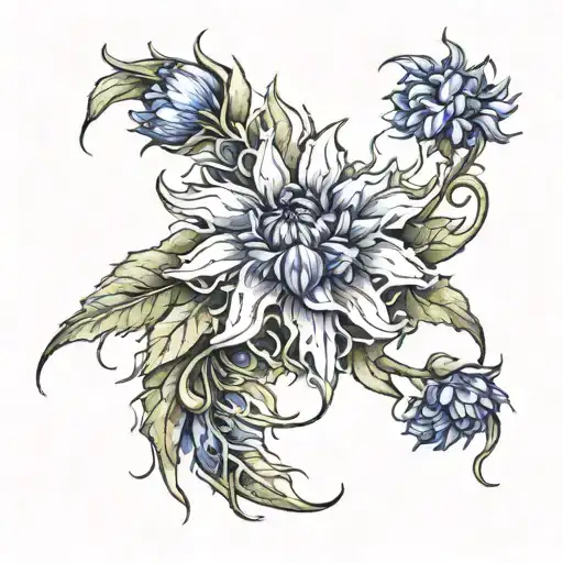 Cornflower Flower With Vines Growing From Flower Growing Towards Left Ring Finger