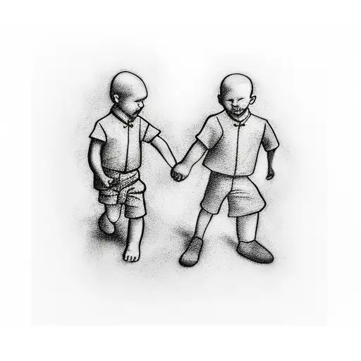 Father And Little Son Walk Hand In Hand