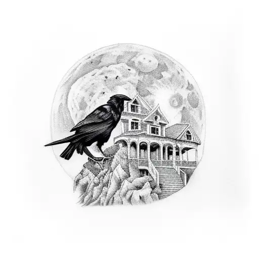 A Raven Perched On A Haunted Mansion With A Full Moon In The Background