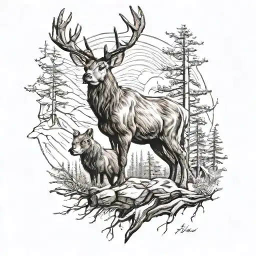 Deer And Grizzly Bear And Lynx