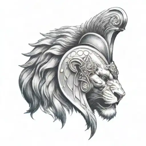 A Lion Wearing A Spartan Helmet In A Fierce Battle Scene