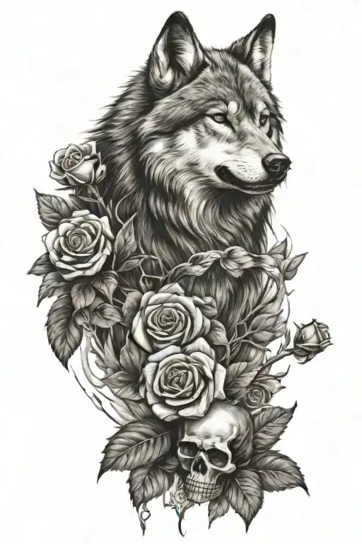 Wolf With Skull And Roses