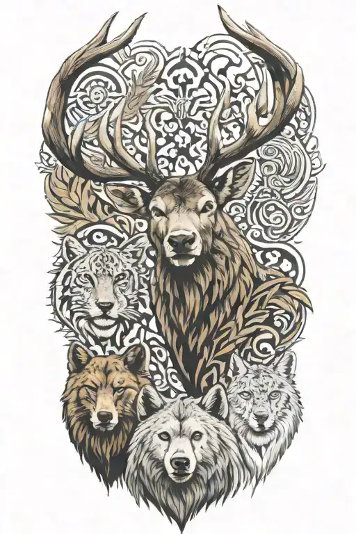 Deer Head And Brown Bear And Lynx In Anatolian Patterns