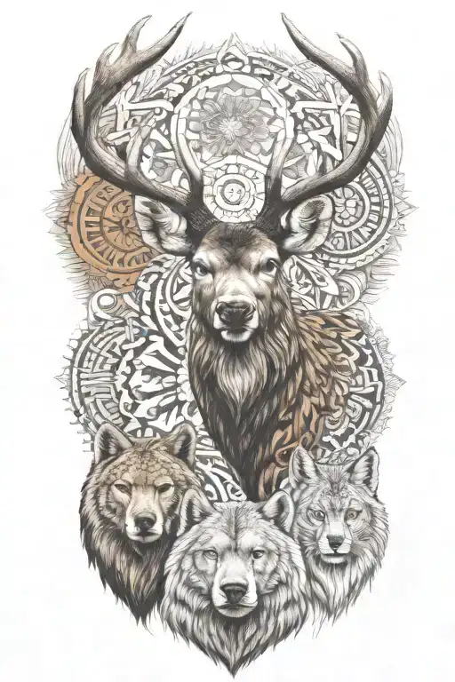 Deer Head And Brown Bear And Lynx In Anatolian Patterns