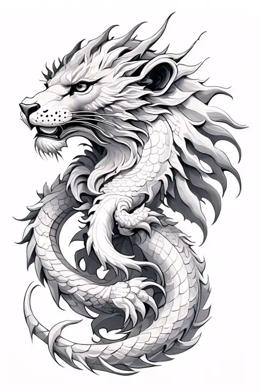 Lion Head And Dragon Intertwined Representing