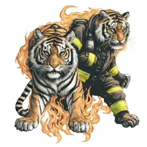 Firefighter And Fire And Tiger Exiting The Fire Flames