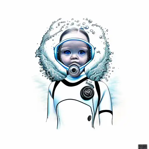 Little Girl In A Wetsuit And Diving Helmet With Air Supply System