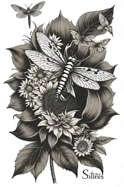 Sunflower With A Dragonfly Hovering And The Word Sisters As The Stem