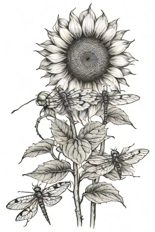 Sunflower With A Dragonfly Hovering And Using The Stem Of The Sunflower Write The Word Sister's