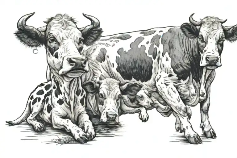 Cow And Dogs Playing