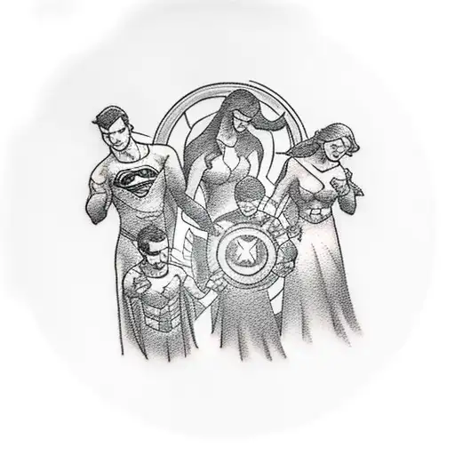 A Traditional Tattoo Of A Superhero Family Holding Hands In A Circle