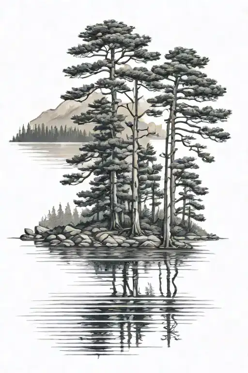 Pine Tree Shoreline On A Lake Surrounded By Trees