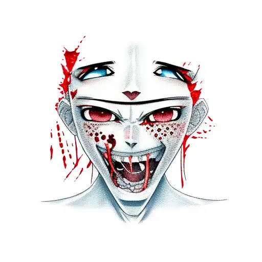 Realistic Portrait Of A Beloved Anime Character With Blood Dripping From Their Mouth