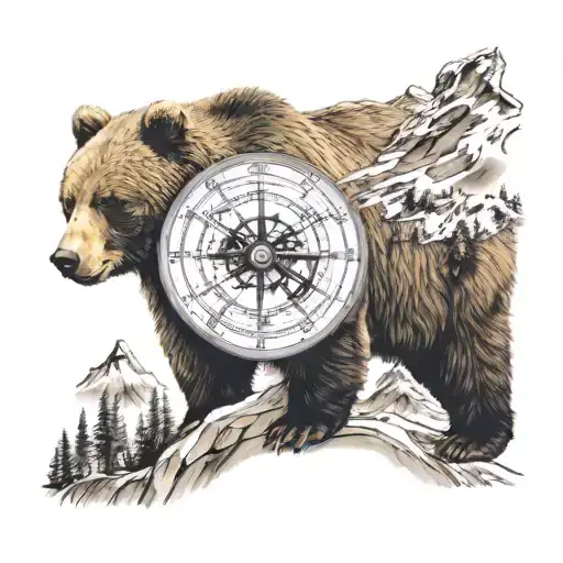 Grizzly Bear In Mountain With Compass