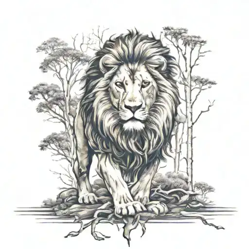Lion Coming Out Of The Forest With The Tree Of Life As His Mane