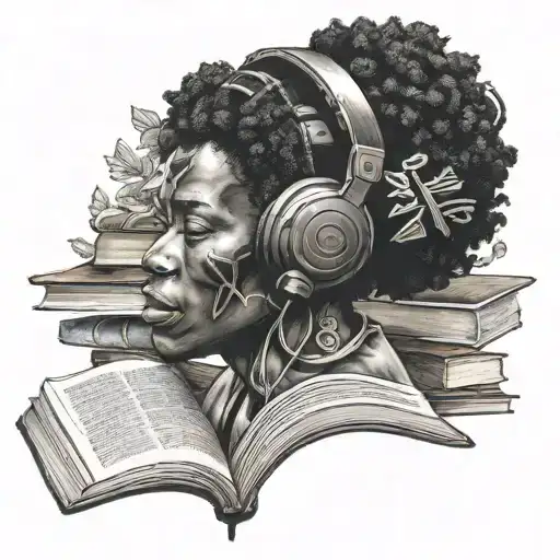 Black Gaia With Afro Headphones Looking At A Book