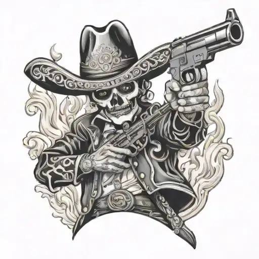 Chicano Style Dead Mariachi Holding Gun With Fire All Around Him