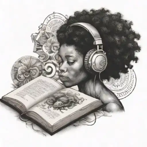Black Gaia With Afro Headphones Looking At A Book