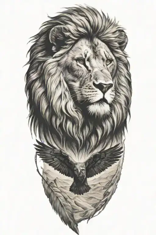 Lion With A Eagle Flying In The Background In The Desert