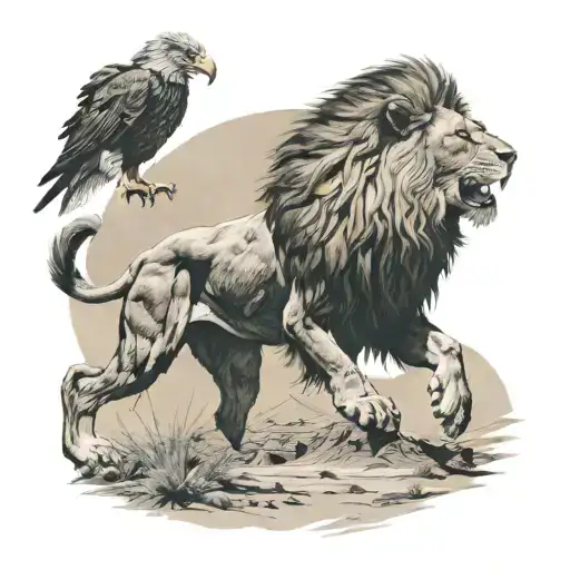 Lion With A Eagle Flying In The Background In The Desert
