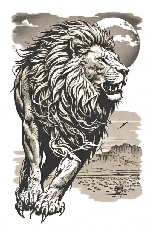 Lion With A Eagle Flying In The Background In The Desert
