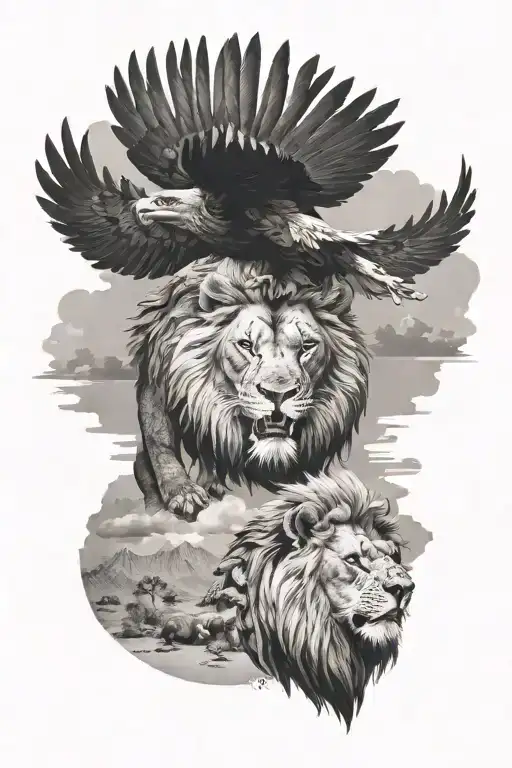Lion With A Eagle Flying In The Background In The Desert