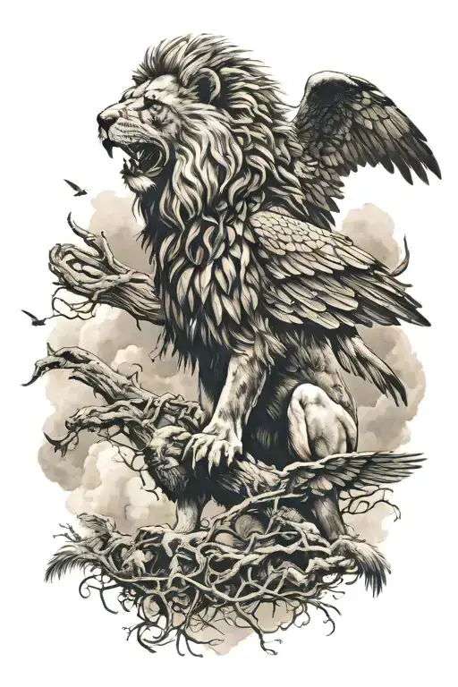 Lion With A Eagle Flying In The Background