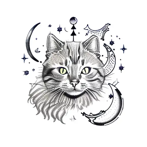 Cat On Crescent Moon With Leo Constellation