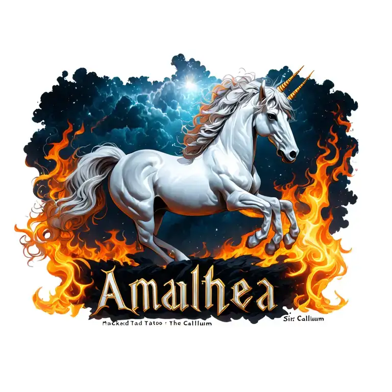 Name Amalthea Over A Unicorn In Flames And Below The Words Marked By Sir Callum