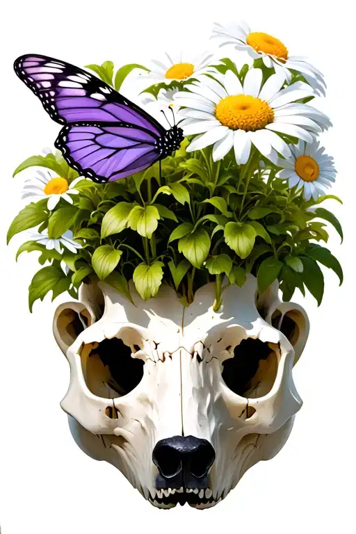 Purple Butterfly Landing On A Daisy That Is Growing Out Of A Polar Bear Skull