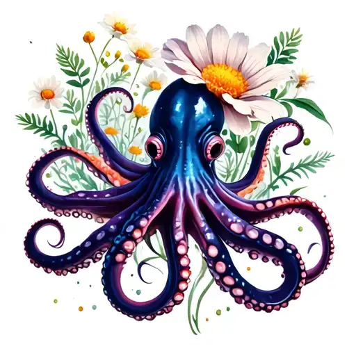 Octopus Holding A Cosmos Flower Blooming