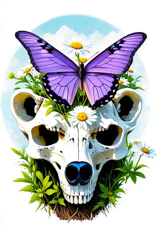 Purple Butterfly Landing On A Single Daisy That Is Growing Out Of A Polar Bear Skull