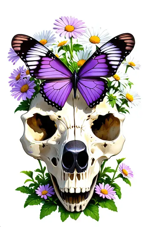 Purple Butterfly Landing On A Single Daisy That Is Growing Out Of A Bear Skull