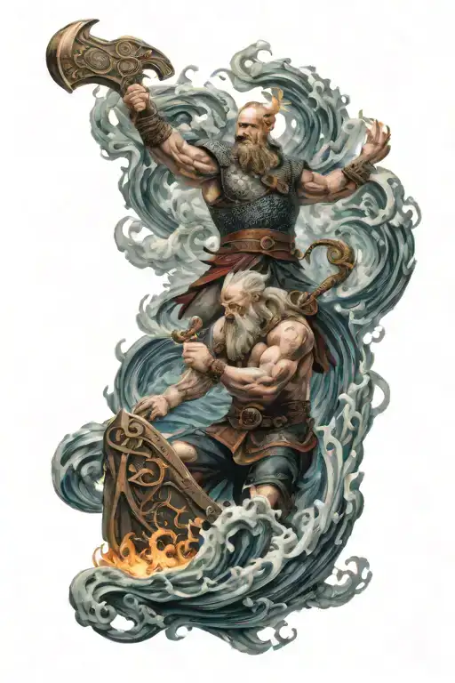 The Gods Aegir And Logi Fighting In The Ocean And Fire With Viking Ship And Large Waves And Flames
