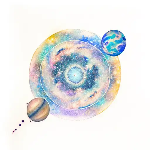 A Watercolor Tattoo Of A Galaxy With Swirling Planets And Constellations