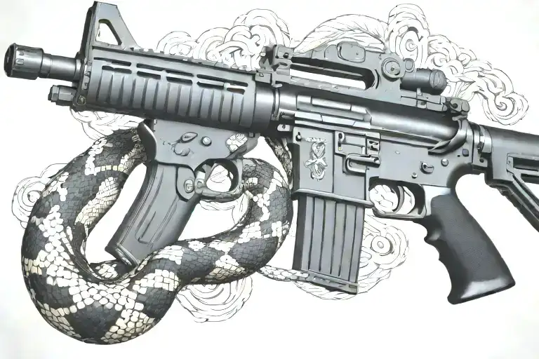 Rattled Snake Wrappped Around Ar 15 Rifle