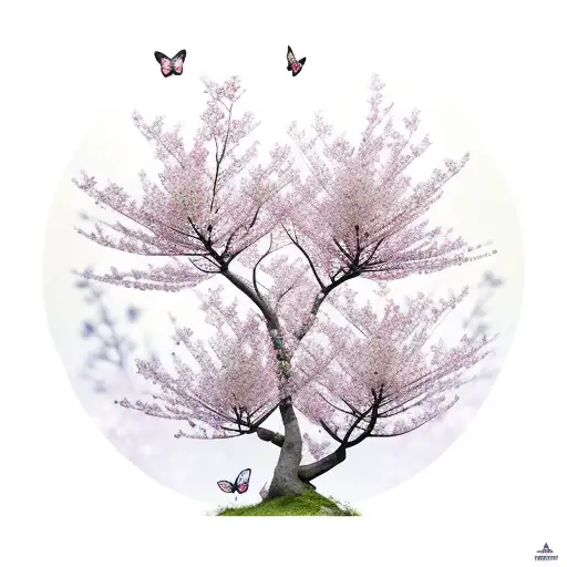 A Majestic Cherry Blossom Tree With Delicate Petals Falling And Transforming Into Butterflies
