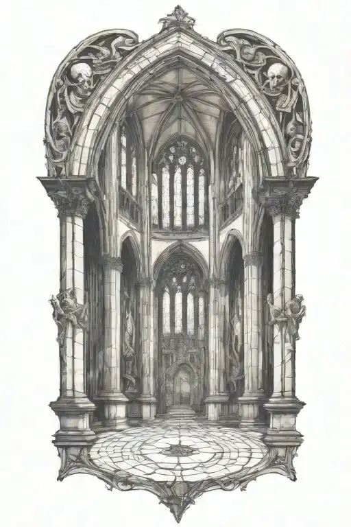 Gothic Cathedral And Stained Glass With Skulls Surrounded