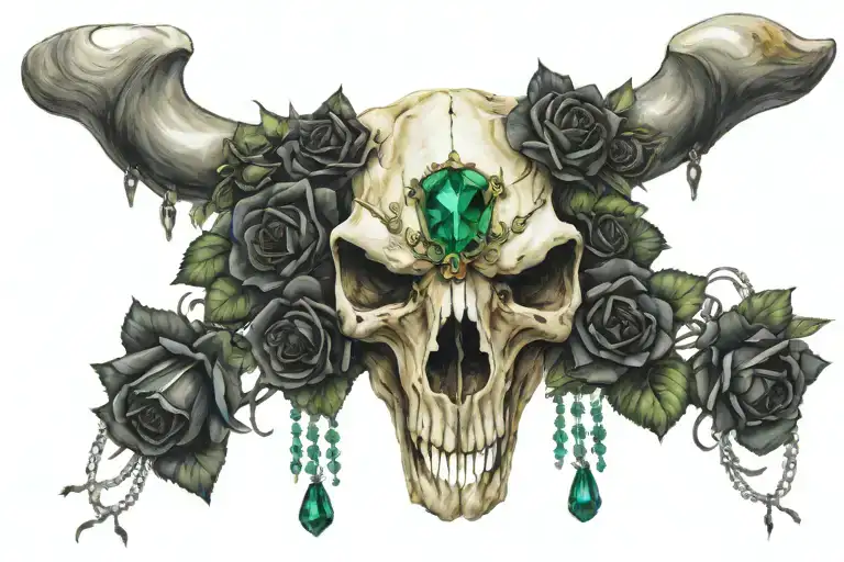 Bull Skull With Emerald Jewels Dangling And Black Roses