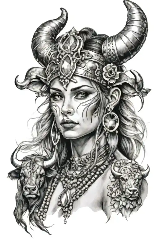 Woman With Jeweled Headdress And Glossy Eyes And Bull Horns