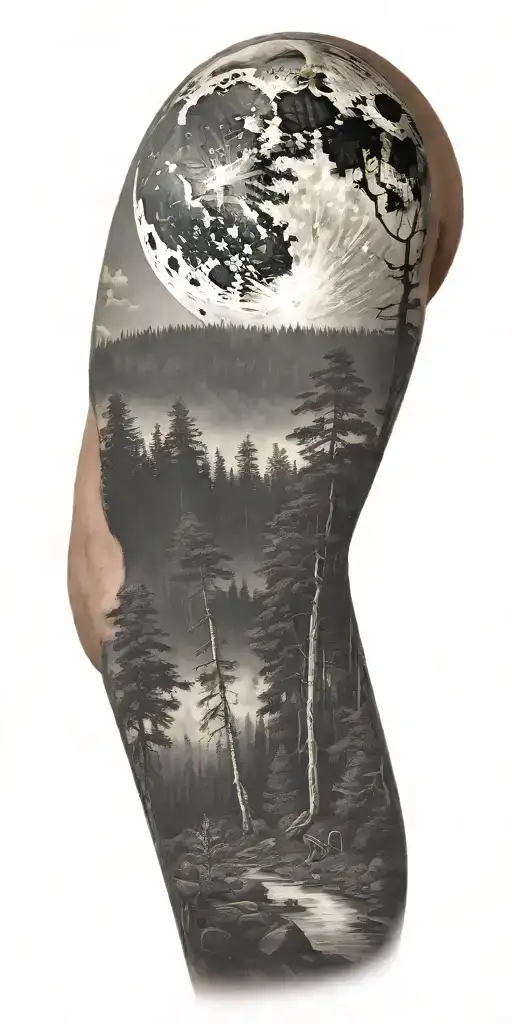 Massive Forest Landscape With Huge Moon In The Background