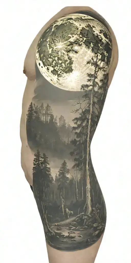 Massive Forest Landscape With Huge Moon In The Background