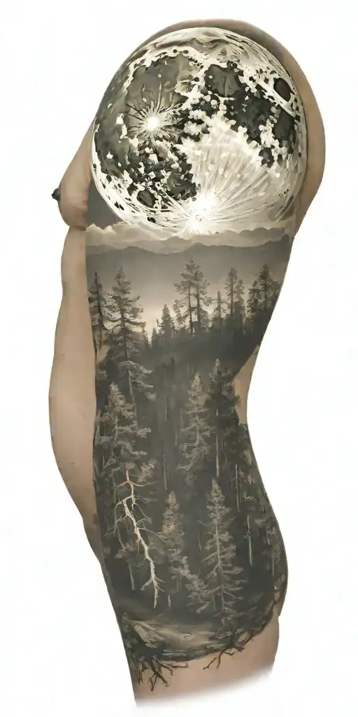 Massive Forest Landscape With Huge Moon In The Background