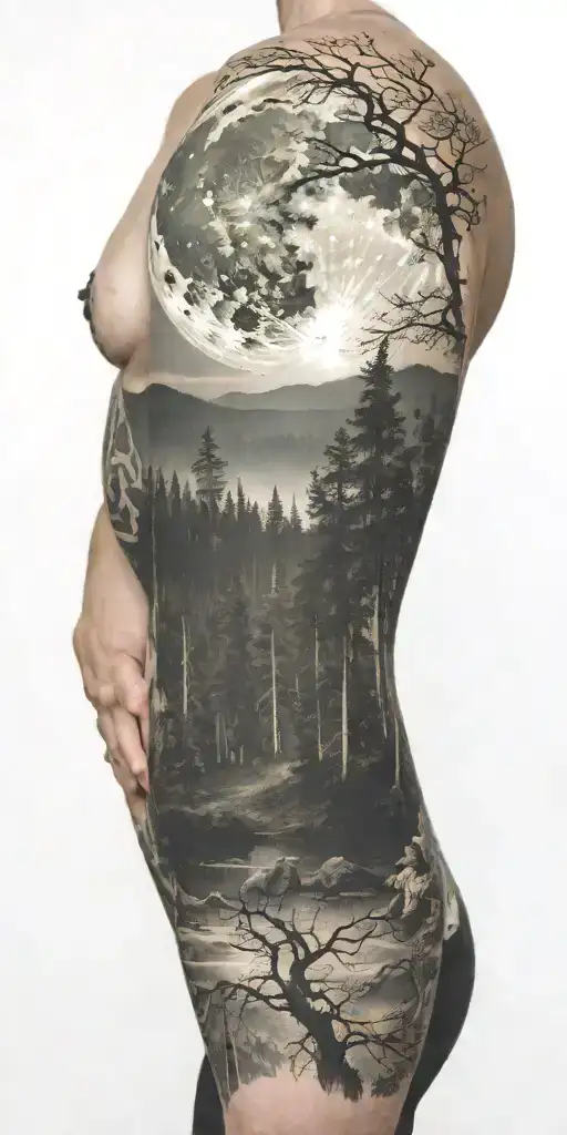 Massive Forest Landscape With Huge Moon In The Background