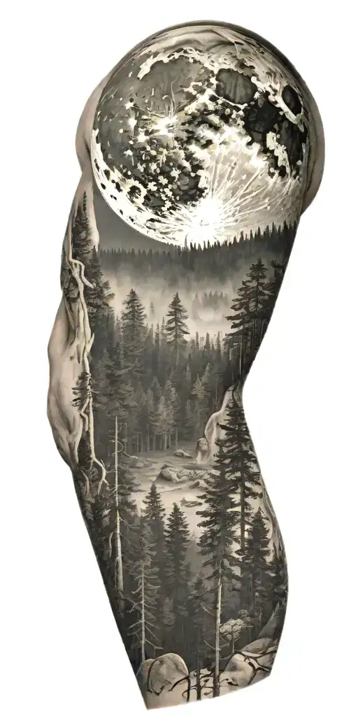 Massive Forest Landscape With Huge Moon In The Background