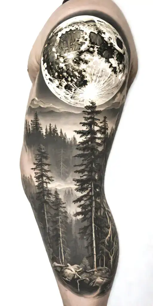 Massive Forest Landscape With Huge Moon In The Background