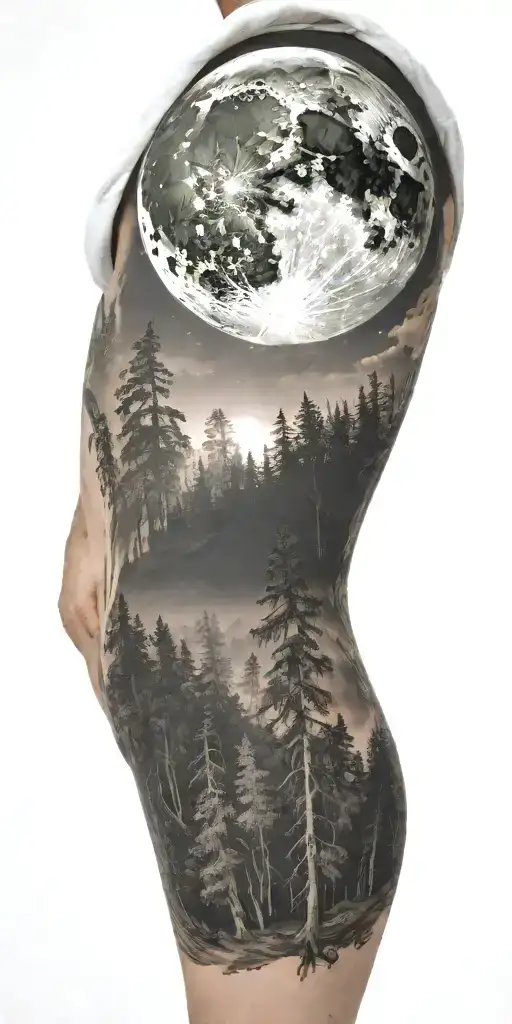 Massive Forest Landscape With Huge Moon In The Background