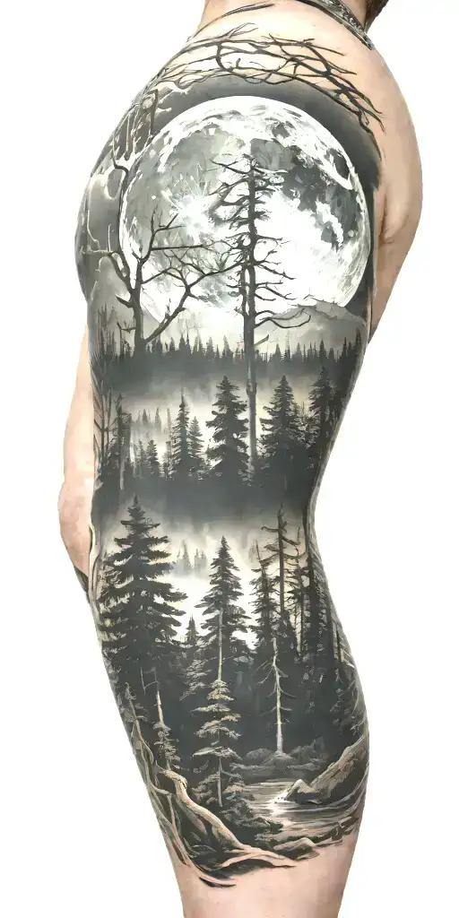 Massive Forest Landscape With Huge Moon In The Background