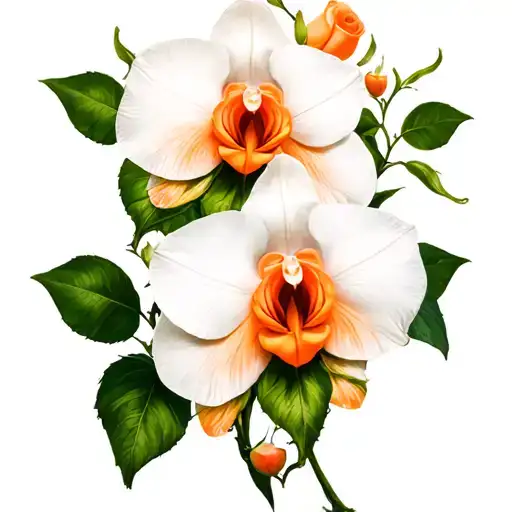 White Cattleya And Orange Rose Vine