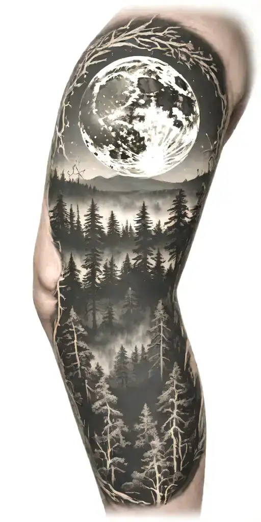 Massive Forest Landscape With Huge Moon In The Background